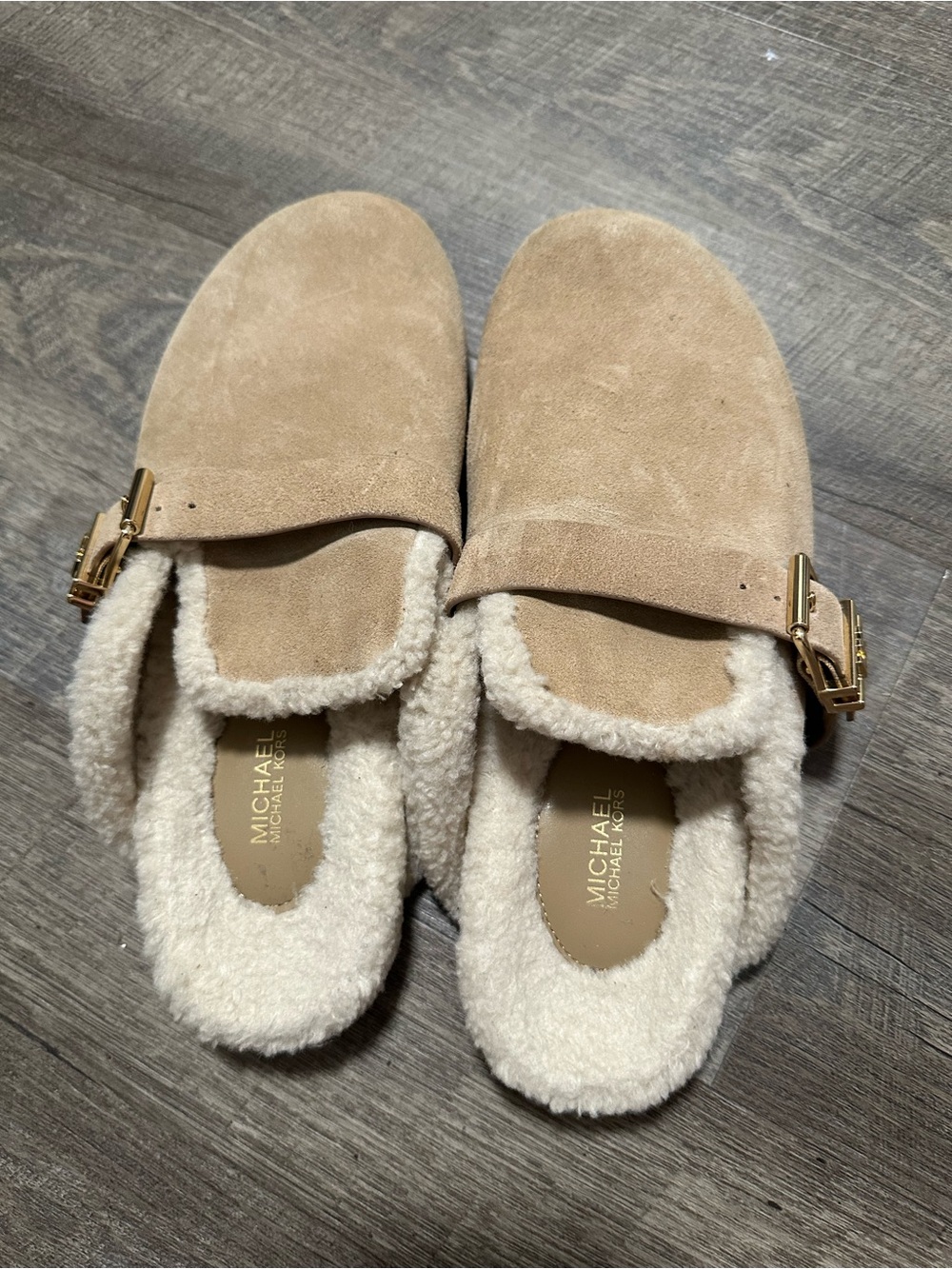 MICHAEL Michael Kors Tan Suede Shearling-Trim Mules with Gold Buckle